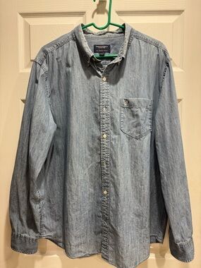 American Eagle Outfitters Light Blue Denim Shirt with Navy Label
